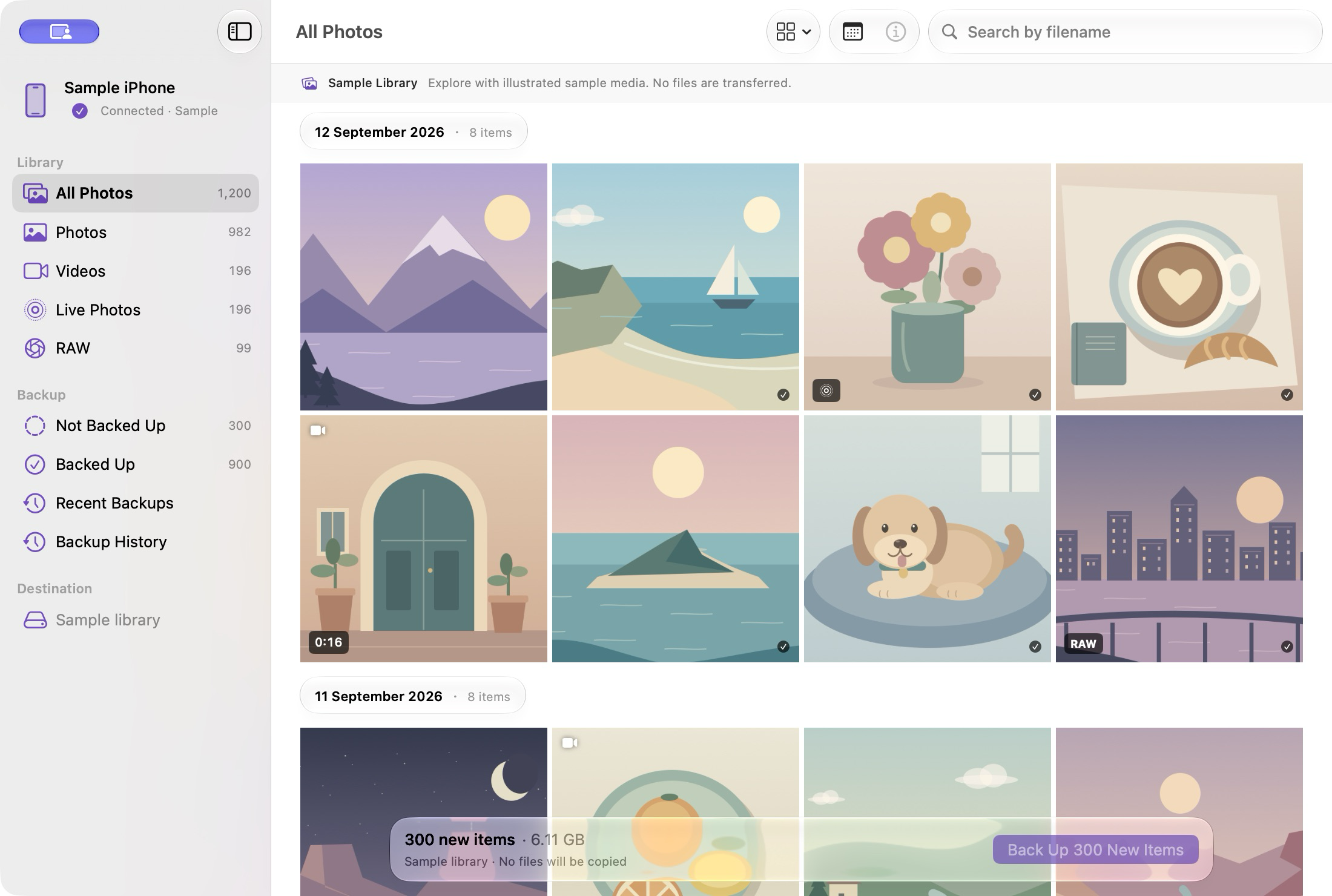 CloakRoll’s native Mac window with an illustrated sample library of landscapes, flowers, a café, architecture and a puppy, alongside photo filters and backup controls.